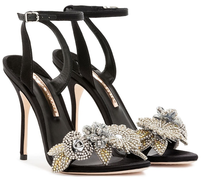 Black Satin Sophia Webster "Lilico" Crystal-Flower Embellished Sandals