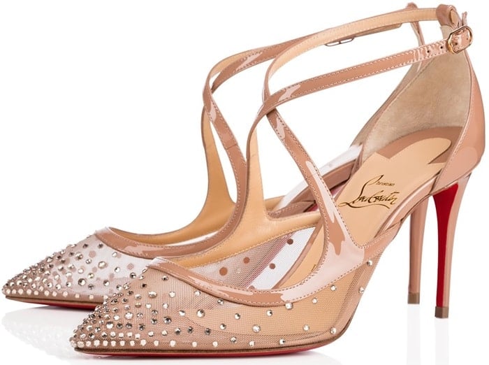 Christian Louboutin's beige mesh and patent leather Twistissima ankle-strap pumps are embellished with Strass crystals