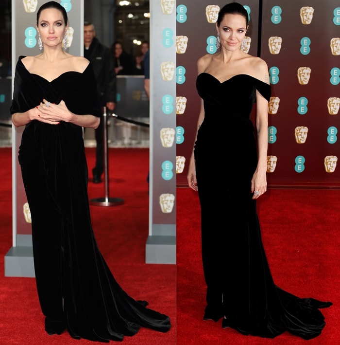 Angelina Jolie wearing a custom Ralph & Russo Couture velvet gown at the 2018 EE British Academy Film Awards held at Royal Albert Hall in London, England, on February 18, 2018