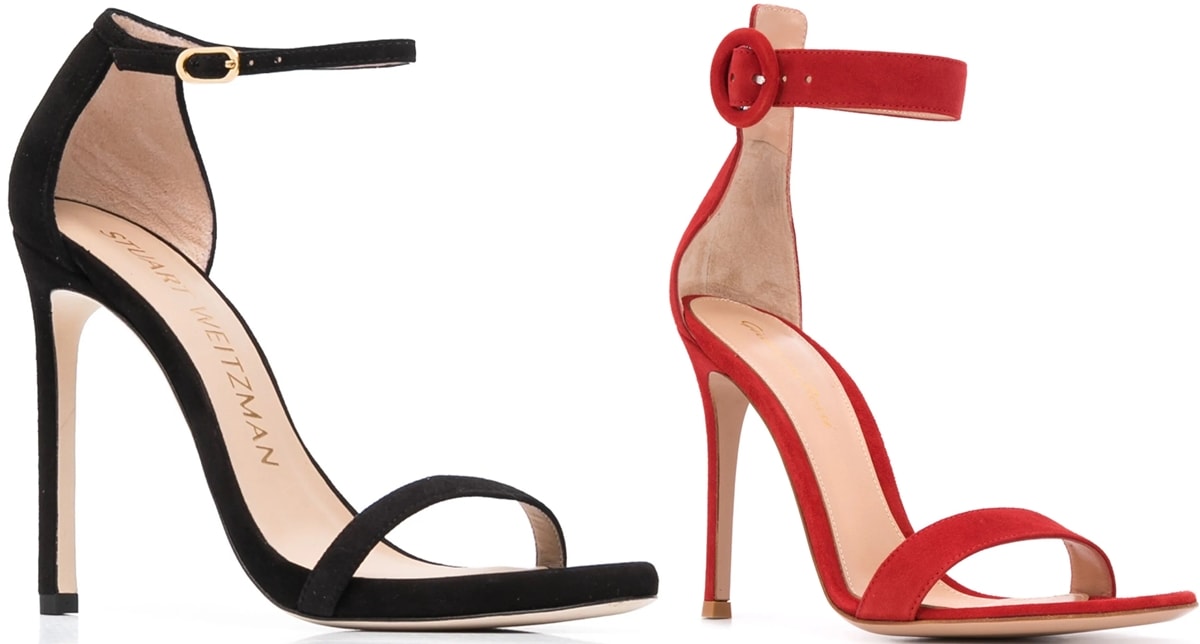 The Stuart Weitzman 'Nudist' and Gianvito Rossi 'Portofino' are among the most famous barely-there sandals, celebrated for their elegant and minimalist designs