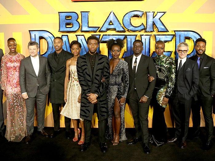 "Black Panther" stars Florence Kasumba, Andy Serkis, Michael B. Jordan, Letitia Wright, Chadwick Boseman, Lupita Nyong'o, Daniel Kaluuya, Danai Gurira, and Martin Freeman with director Ryan Coogler at the European premiere of the film
