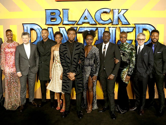 "Black Panther" stars Florence Kasumba, Andy Serkis, Michael B. Jordan, Letitia Wright, Chadwick Boseman, Lupita Nyong'o, Daniel Kaluuya, Danai Gurira, and Martin Freeman with director Ryan Coogler