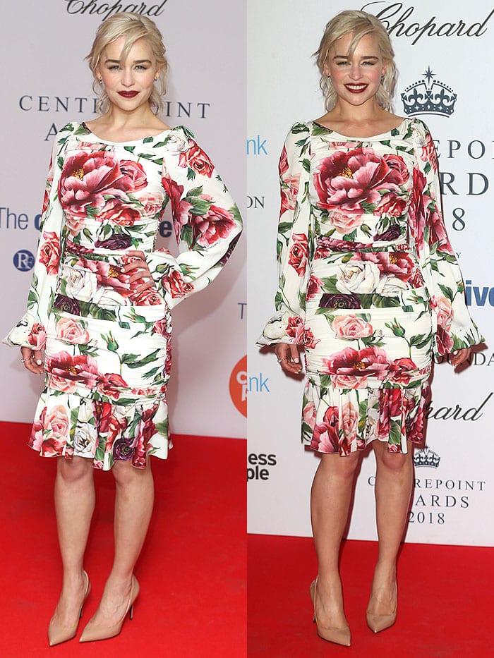 Emilia Clarke wearing a floral couch dress at the 2018 Centrepoint Awards held at Kensington Palace