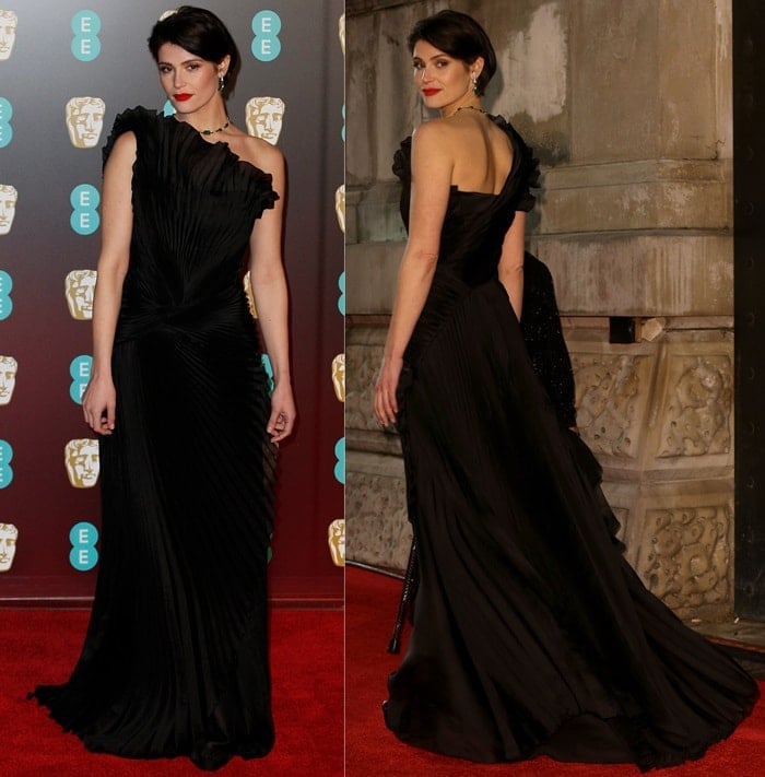 Gemma Arterton in a dark pleated Alberta Ferretti Spring 2018 Couture gown at the 2018 EE British Academy Film Awards held at Royal Albert Hall in London, England, on February 18, 2018