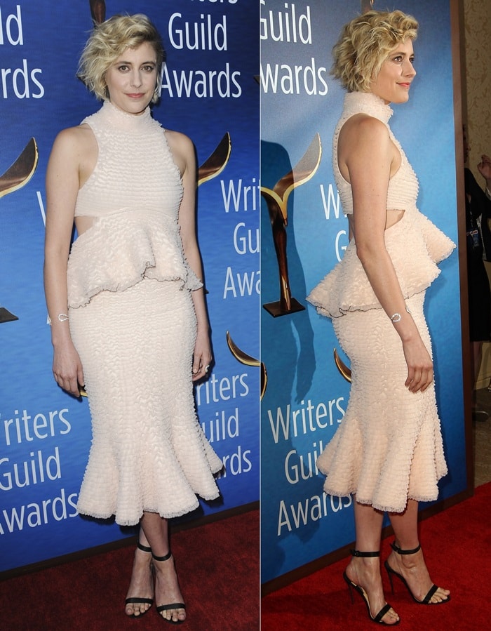 Greta Gerwig captivates in a playful pink ruffle dress by Proenza Schouler, complemented by the delicate Christian Louboutin 'Jonatina' sandals, at the 2018 Writers Guild Awards