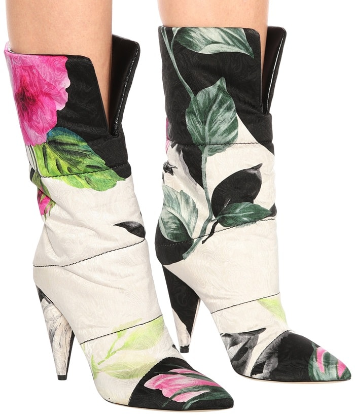 The pointed-toe design is crafted from brightly hued floral jacquard complete with a quilted effect