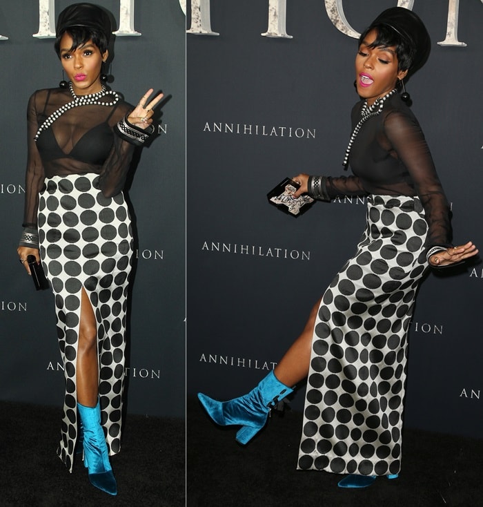 Janelle Monáe finished off her ensemble with a black St. Germaine hat, a Lee Savage clutch, jewelry by Giorgio Armani and Lilou, and blue 'Kibbon' peacock boots
