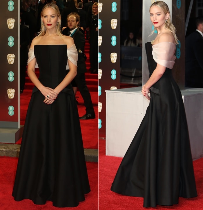 Jennifer Lawrence wearing a Dior Spring 2018 Couture black tuxedo gown at the 2018 EE British Academy Film Awards held at Royal Albert Hall in London, England, on February 18, 2018