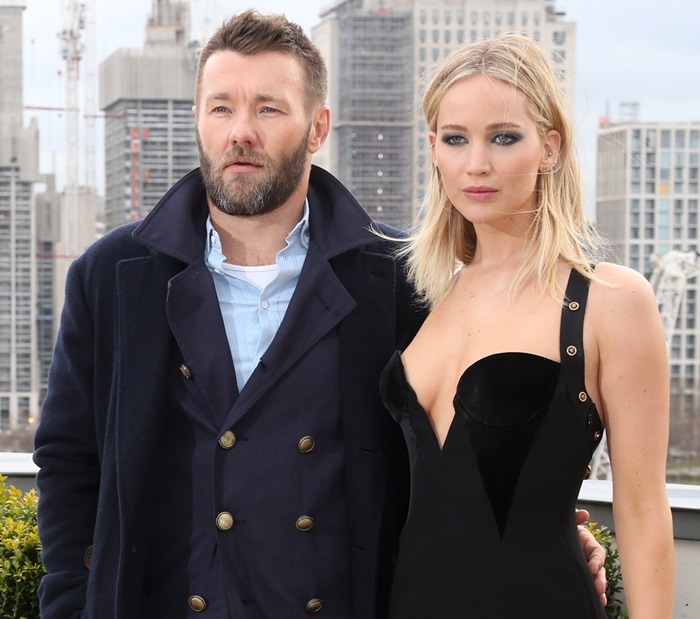 Joel Edgerton and Jennifer Lawrence posing for photographs at the photo call for their latest film 'Red Sparrow' held at The Corinthia Hotel in London, England, on February 20, 2018