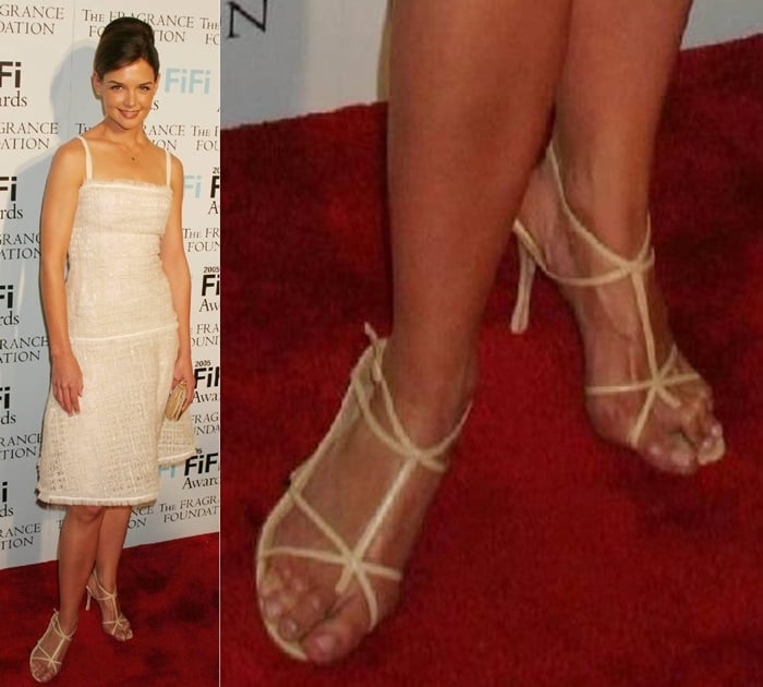 Katie Holmes shows off her feet in strappy sandals, revealing visible corns and bunions, likely caused by wearing tight, narrow shoes over the years