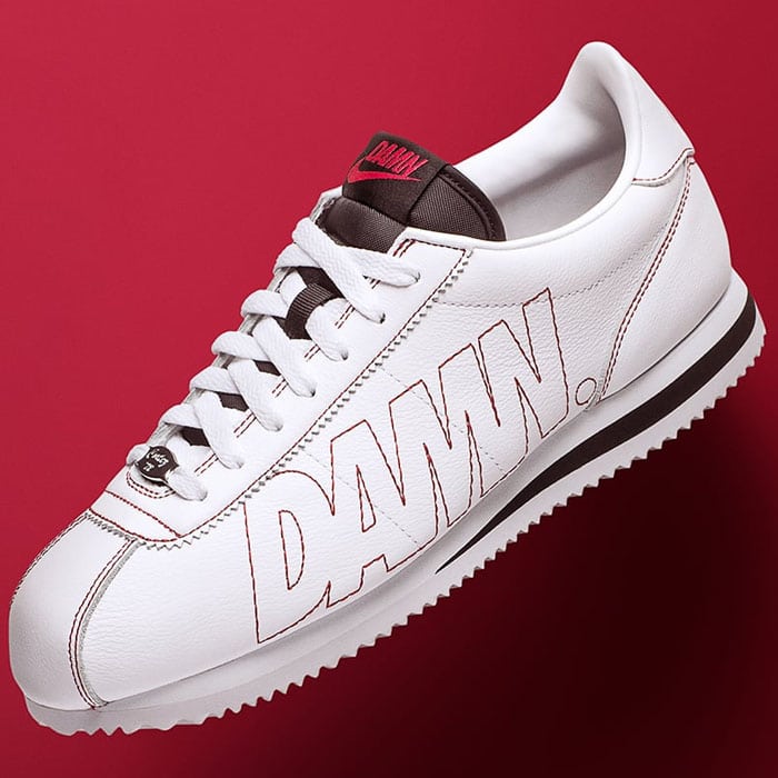 Kendrick Lamar x Nike 'Cortez Kenny I' sneakers stitched with the word "DAMN."