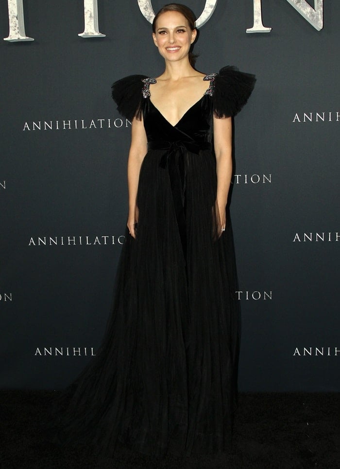 Natalie Portman wearing a black-tulle Valentino Pre-Fall 2018 ball gown