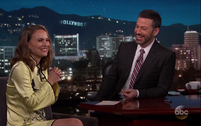 Natalie Portman wearing Attico's 'Elena' peacock-embroidered satin mini dress on Jimmy Kimmel Live on February 15, 2018