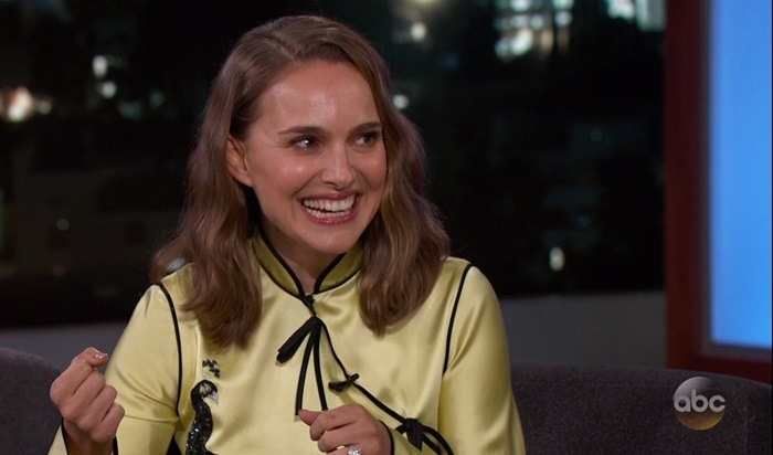 Natalie Portman wearing Attico's 'Elena' peacock-embroidered satin mini dress on Jimmy Kimmel Live on February 15, 2018