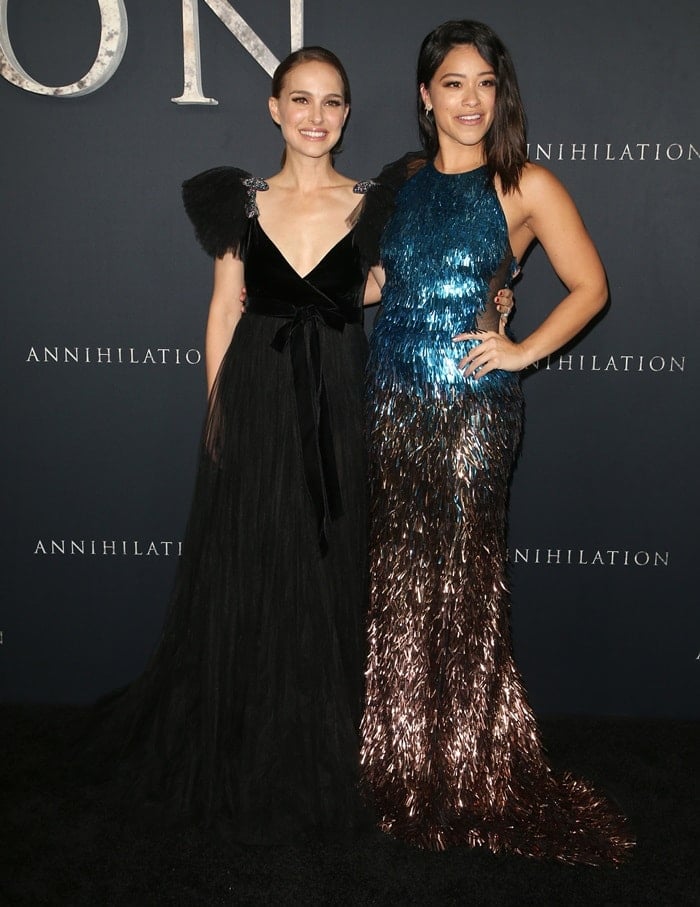 Natalie Portman and her co-star Gina Rodriguez looked stunning at the premiere of their new movie Annihilation at the Regency Village Theatre in Westwood, California, on February 13, 2018