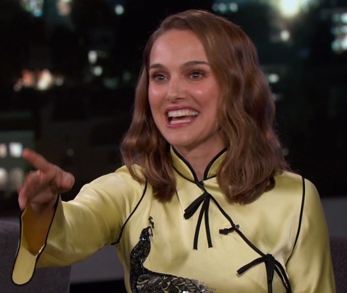 Natalie Portman wearing Attico's 'Elena' peacock-embroidered satin mini dress on Jimmy Kimmel Live on February 15, 2018