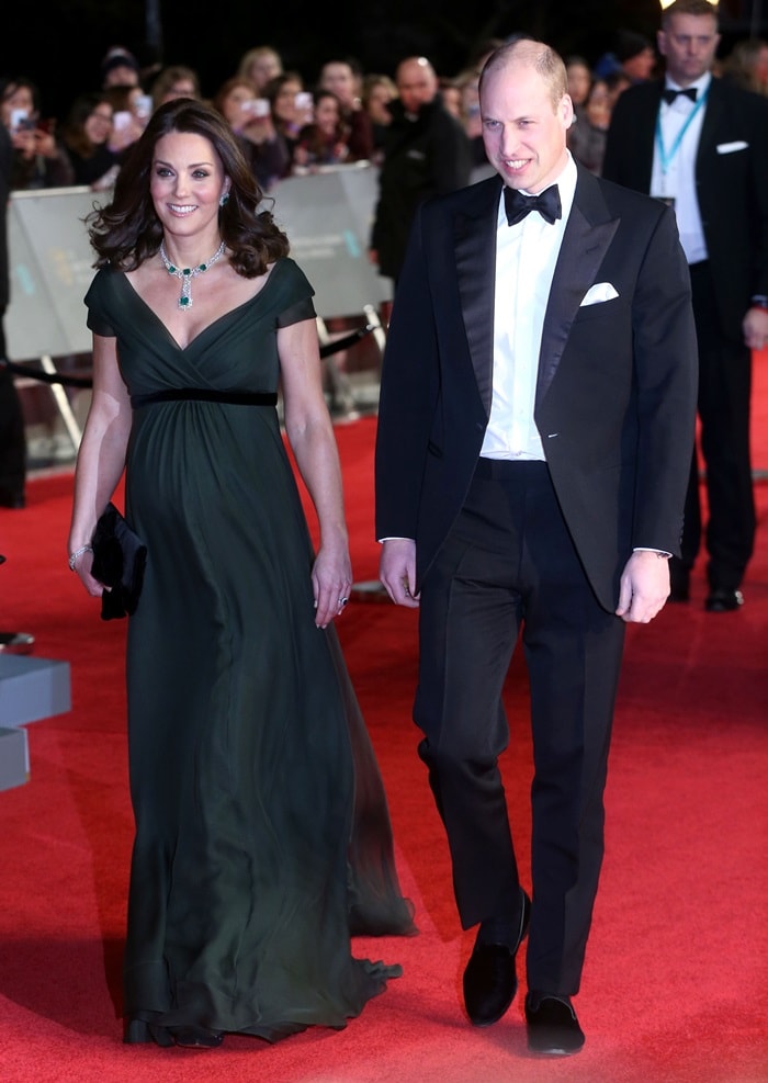 Catherine, Duchess of Cambridge (aka Kate Middleton) and her husband Prince William arriving at the 2018 EE British Academy Film Awards (BAFTAs) held at Royal Albert Hall in London, England, on February 18, 2018