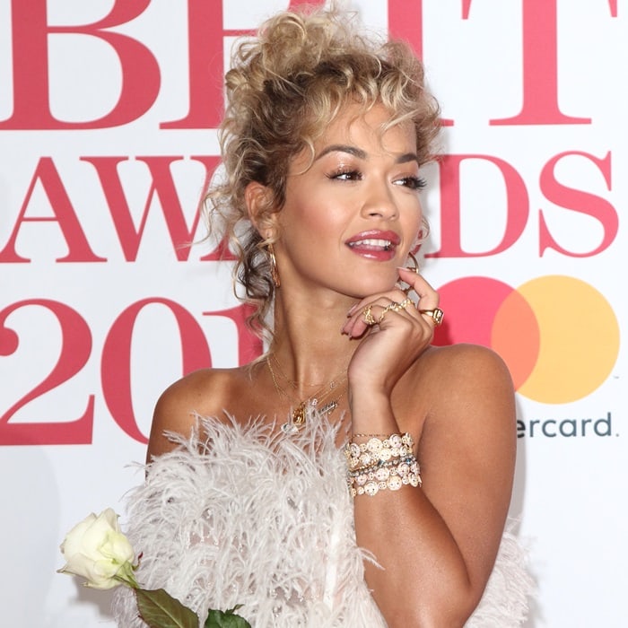 Rita Ora wearing a feathered Ralph & Russo Fall 2017 Couture dress at the 2018 BRIT Awards held at The O2 Arena in London, England, on February 21, 2018