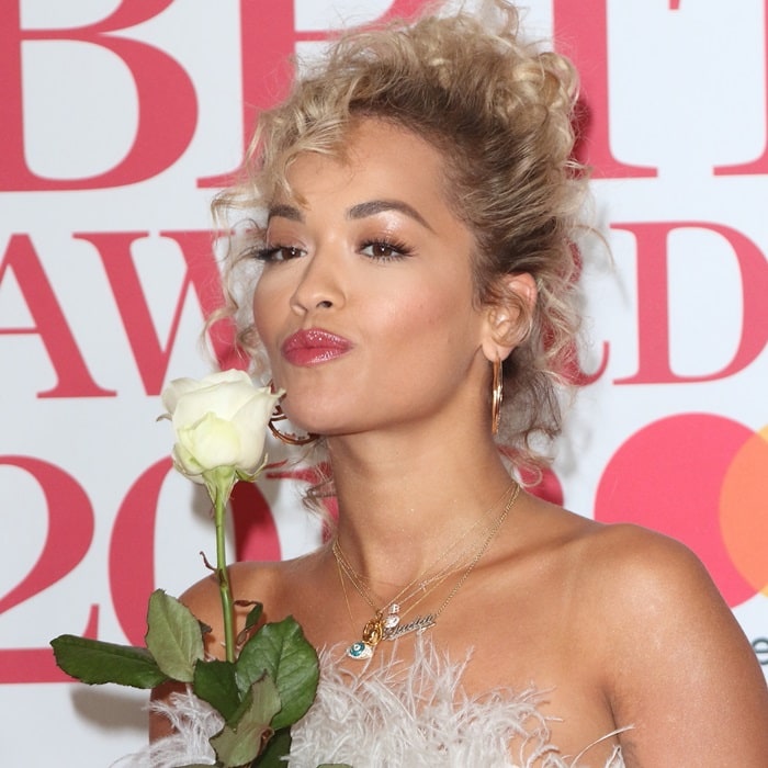 Rita Ora wearing a feathered Ralph & Russo Fall 2017 Couture dress at the 2018 BRIT Awards held at The O2 Arena in London, England, on February 21, 2018