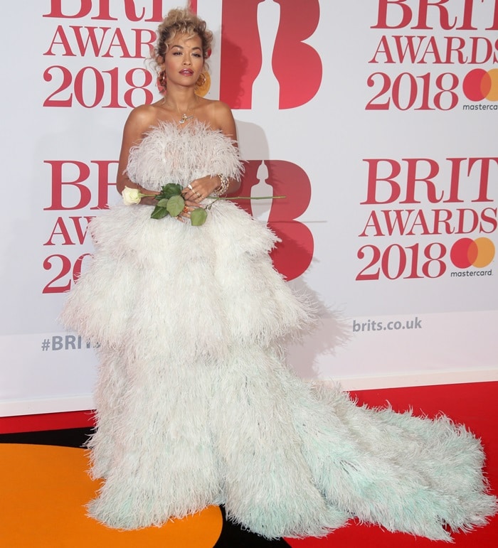 Rita Ora wearing a feathered Ralph & Russo Fall 2017 Couture dress at the 2018 BRIT Awards held at The O2 Arena in London, England, on February 21, 2018