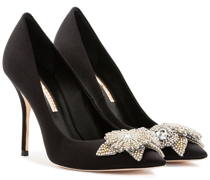 Sophia Webster 'Lilico' Crystal-Flower-Embellished Black Satin Pumps