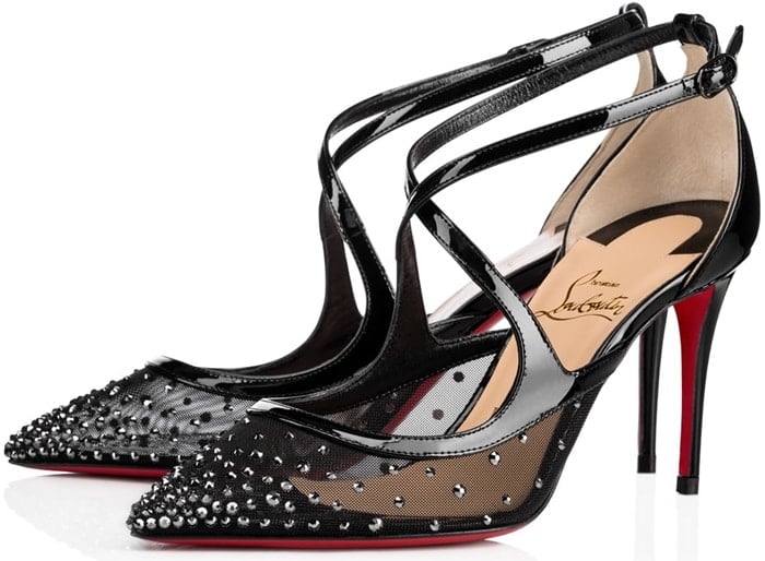 In black patent leather and mesh with a hematite crystal dégradé at the pointed toe, this 85mm cross-strap pump is a ravishing shoe for evening. 