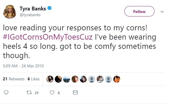 Tyra Banks tweets about the corn on her toes