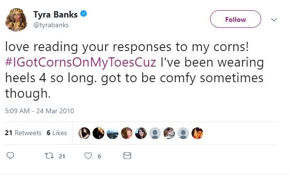 Tyra Banks responds playfully on Twitter to fans' comments about her corns, using the hashtag #IGotCornsOnMyToesCuz