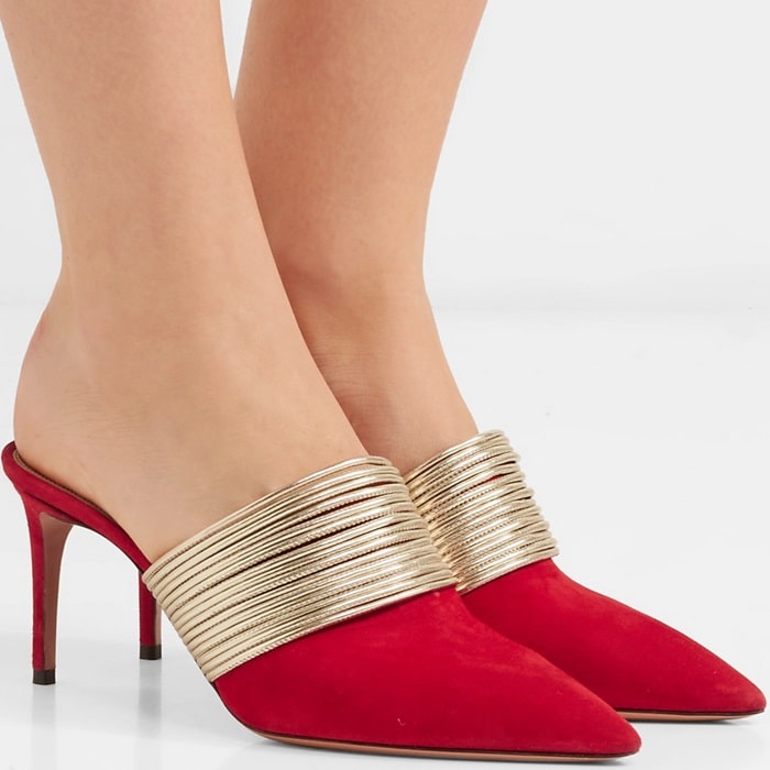 These soft red suede point-toe mules are trimmed with fine strips of pale-gold leather