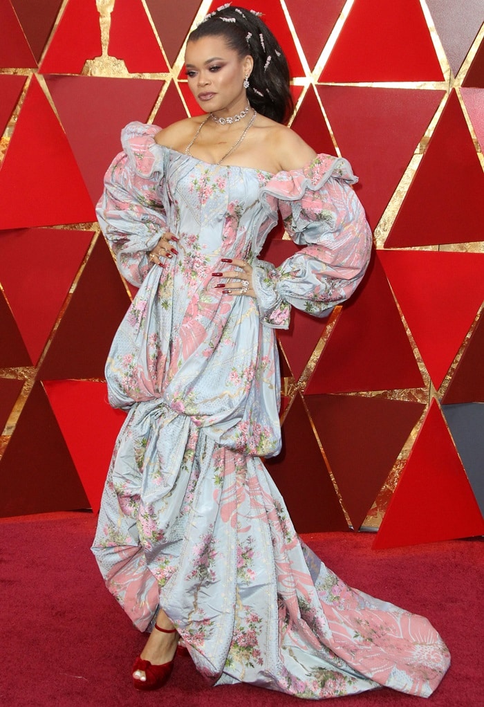 Andra Day in a costumey Zac Posen Spring 2018 gown at the 2018 Oscars at the Hollywood & Highland Center in Hollywood, California, on March 4, 2018