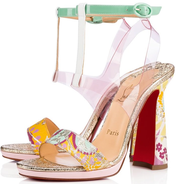 Dressed in a traditional Japanese kimono fabric, this sculptural sandal is constructed with light pink PVC that supports a green patent half T-strap, and is finished with a 120mm Art Deco furniture inspired heel shape