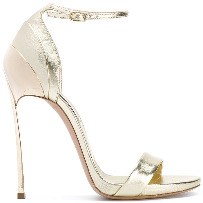 Casadei Layered-Heel Ankle-Strap Sandals in Metallic Gold