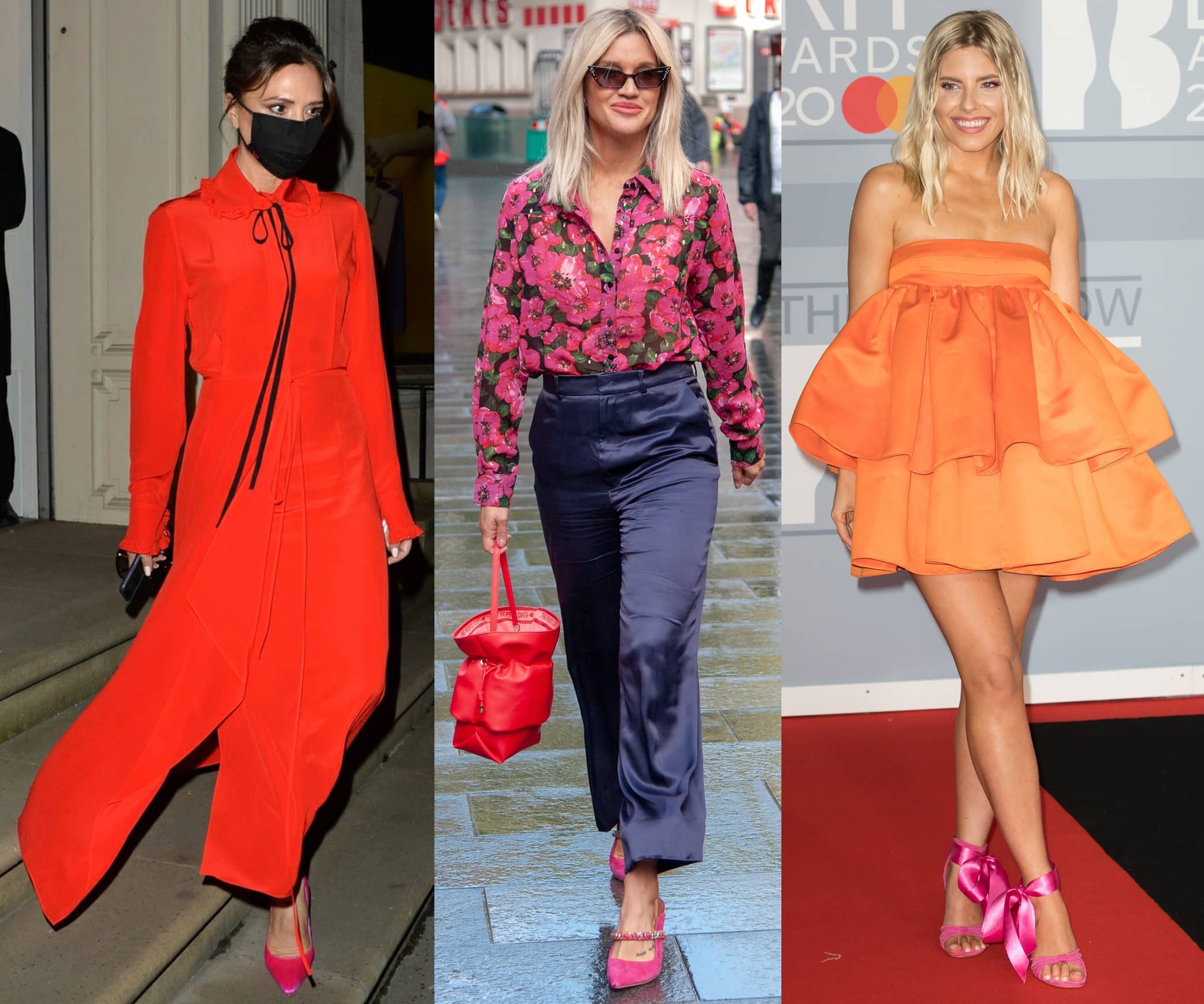 Victoria Beckham, Ashley Roberts, and Mollie King wearing pink heels