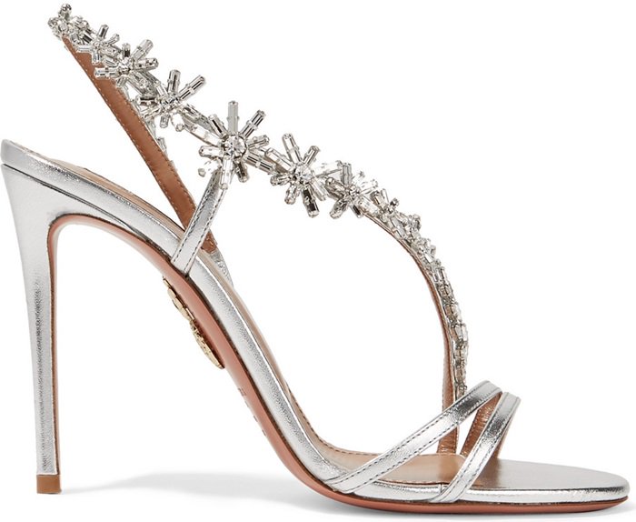 Crystal starbursts swirl across the top of these strappy metallic Aquazzura heels