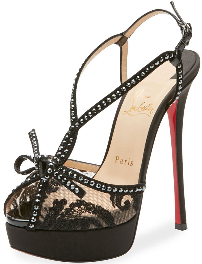 Christian Louboutin pump in crystal-studded lace with leather trim