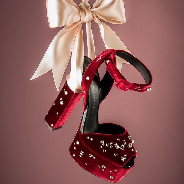 These burgundy and silver-toned velvet and leather embellished plaform sandals are a wardrobe must-have and feature a platform sole, an open toe, a chunky high heel, silver-tone stud detailing and an ankle strap with a side buckle fastening