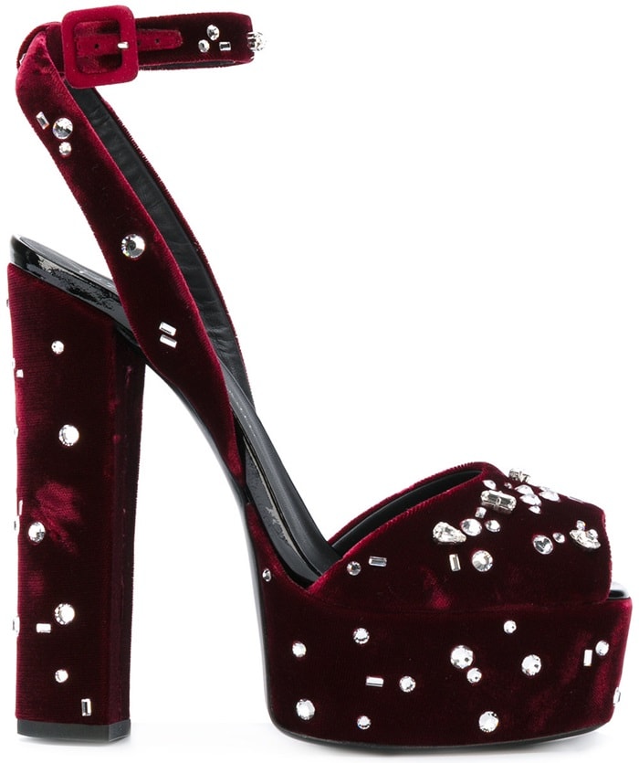 These burgundy and silver-toned velvet and leather embellished plaform sandals are a wardrobe must-have and feature a platform sole, an open toe, a chunky high heel, silver-tone stud detailing and an ankle strap with a side buckle fastening