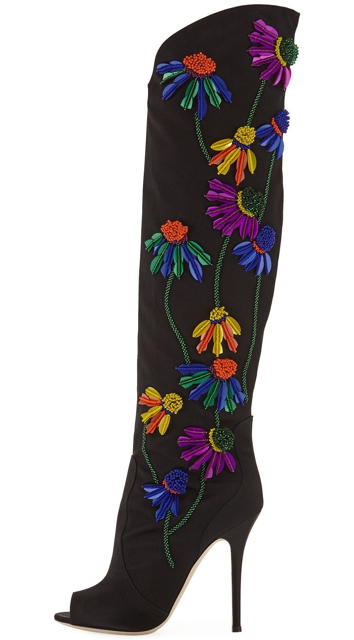 Giuseppe Zanotti Floral-Embroidered Peep-Toe Satin Boots
