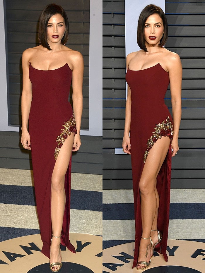 Jenna Dewan Tatum in a Pamella Roland Fall 2018 wine-red strapless gown and Casadei gold ankle-strap sandals at the 2018 Vanity Fair Oscar Party