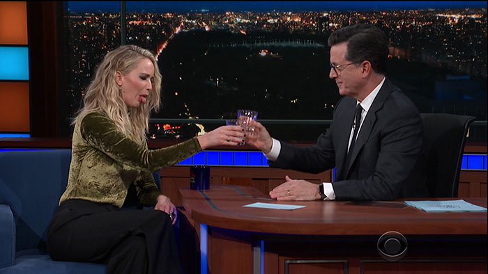 Jennifer Lawrence getting drunk during her interview with Stephen Colbert.