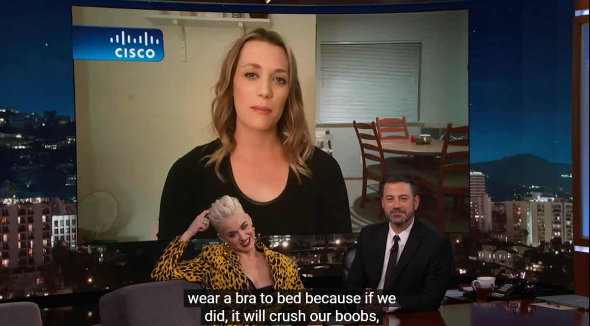 Katy Perry recalls her childhood belief about bras while sharing a laugh with Jimmy Kimmel and a childhood friend during her guest appearance