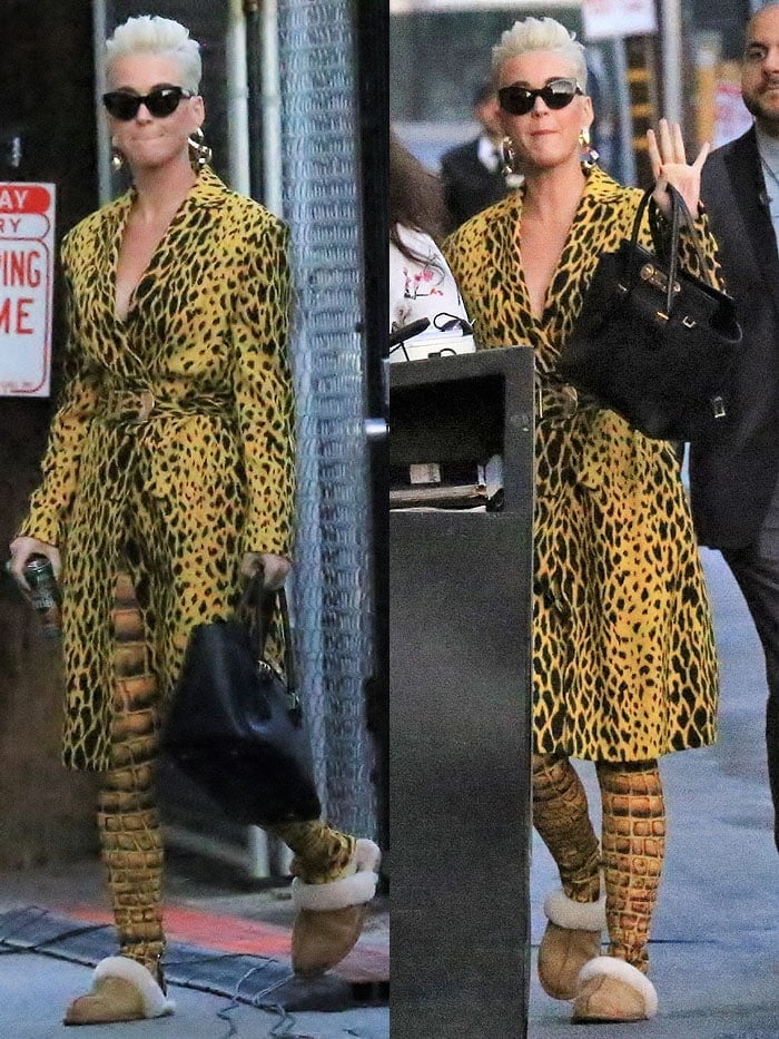 Katy Perry arriving in a yellow, animal-print ensemble and UGG slippers for her guest appearance on "Jimmy Kimmel Live!"
