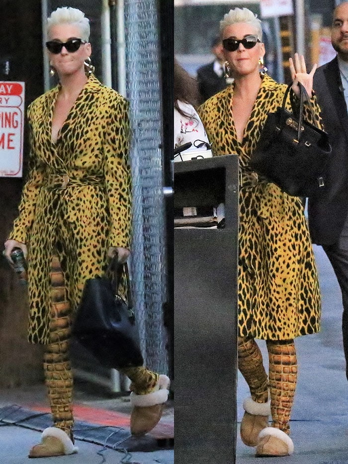 Katy Perry arriving in a yellow, animal-print ensemble and UGG slippers for her guest appearance on "Jimmy Kimmel Live!"