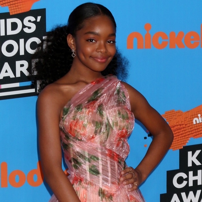 Marsai Martin stuns in a floral Alexander McQueen dress with a sheer overlay