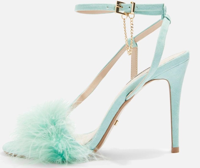 When it comes to heels, think feminine, colourful and textured with these feathered front strap sandals in mint.