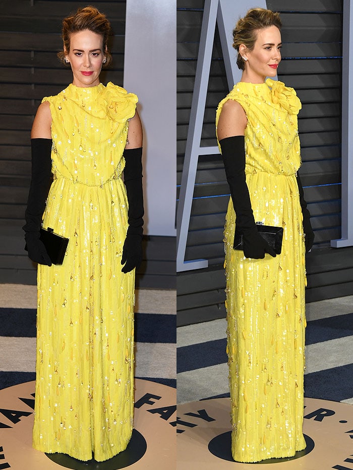Sarah Paulson in a Marc Jacobs Spring 2018 egg-yellow dress at the 2018 Vanity Fair Oscar Party.