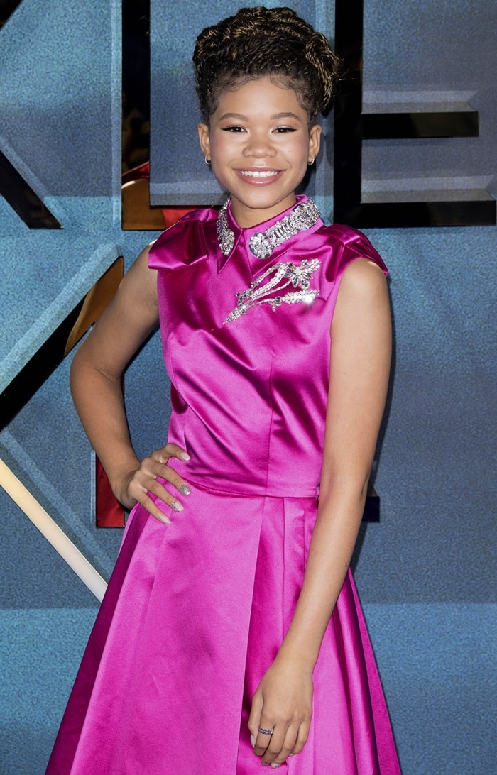 Storm Reid dazzles in a custom fuchsia Prada dress with crystal embellishments at the European premiere of 'A Wrinkle in Time'