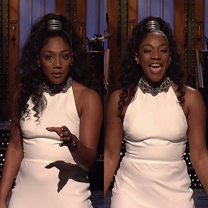 Tiffany Haddish's second wearing of her Alexander McQueen white halter dress on "Saturday Night Live."