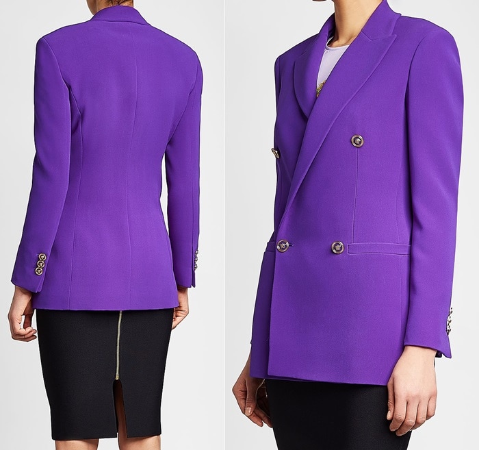 Vibrant purple Versace blazer crafted from pure silk and detailed with glossy gold-tone buttons