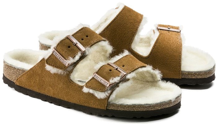 Birkenstock 'Arizona' Shearling-Lined Suede-Leather Sandals in Mink Suede